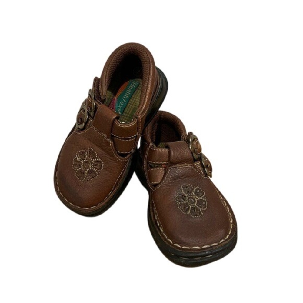 Healthtex Brown Leather Floral VTG Embroidered Mary Jane Shoes Toddler Sz 7 Y2K